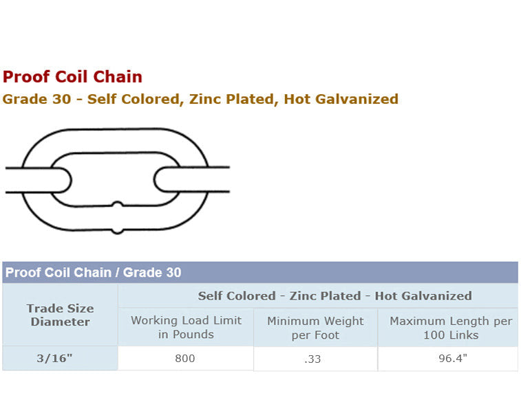 Grade 30 Proof Coil Chain Hot Dip Galvanized Steel 3/16" x 100' Ft