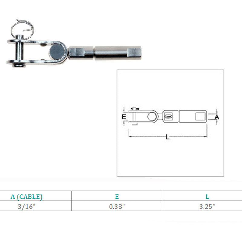 Marine Boat Stainless Steel Swageless Toggle For 3/16" Cable Wire Railing Jaw