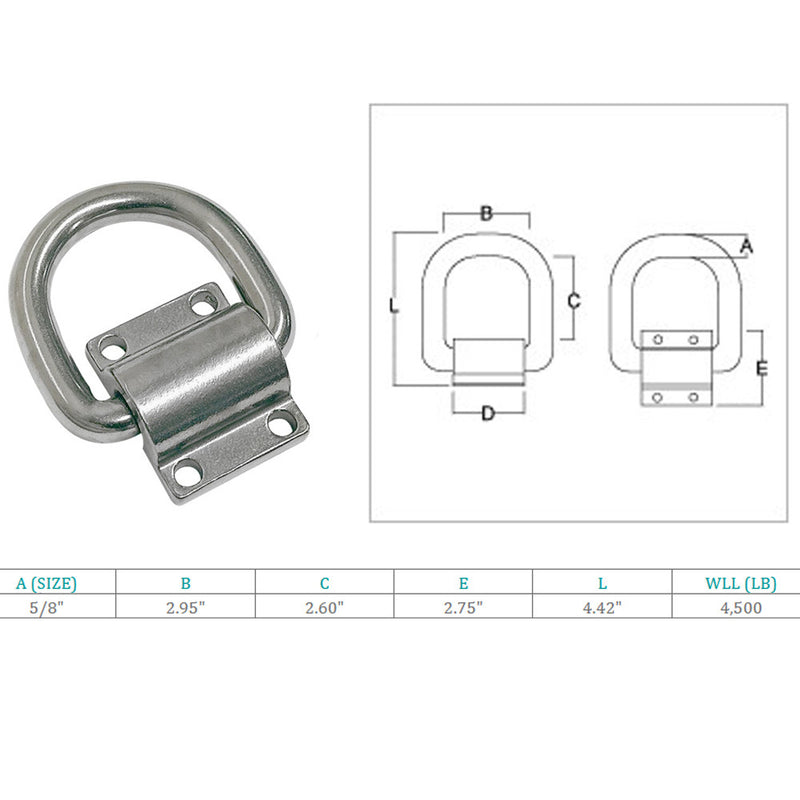 4Pc Marine Boat Stainless Steel 316 5/8" Bolt-On Lashing Ring D-Ring Anchor Ring