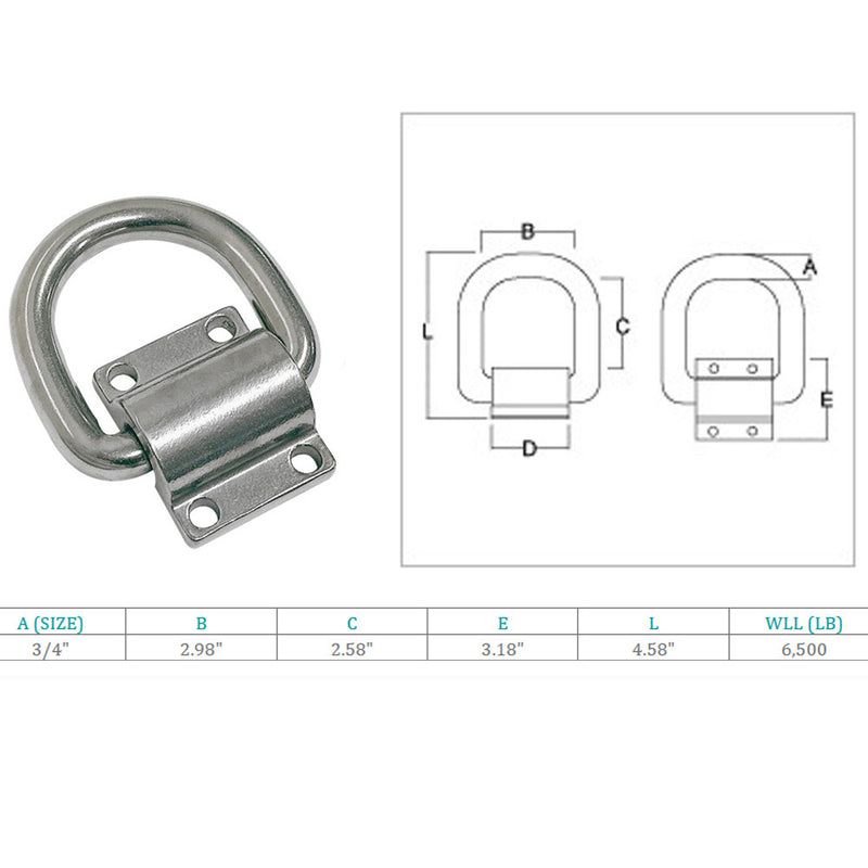 Marine Boat Stainless Steel T316 3/4" Bolt-On Lashing Ring D-Ring Anchor Ring