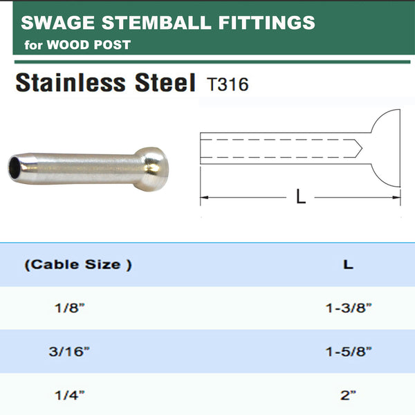 Stainless Steel 316 Swage Stemball Fittings for WOOD POST 1/8", 3/16", 1/4" Cable Size 10PC