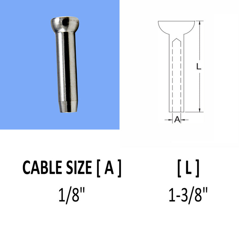 Stainless Steel 316 Swage Stemball Fittings for WOOD POST 1/8", 3/16", 1/4" Cable Size 10PC