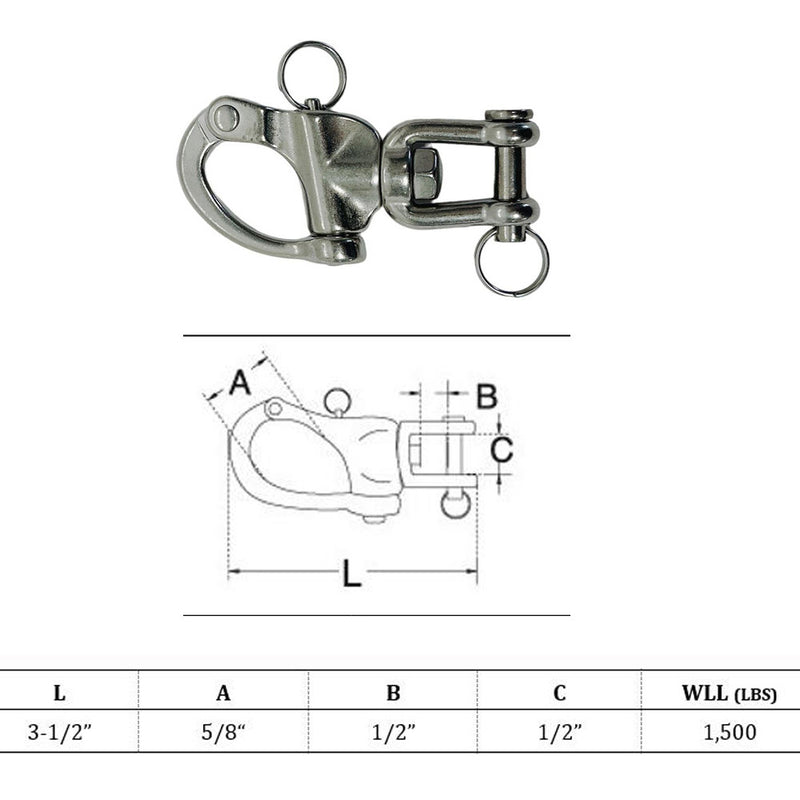 Marine Boat Stainless Steel 3-1/2" Jaw Swivel Snap Shackle 1,500LB WLL Yacht