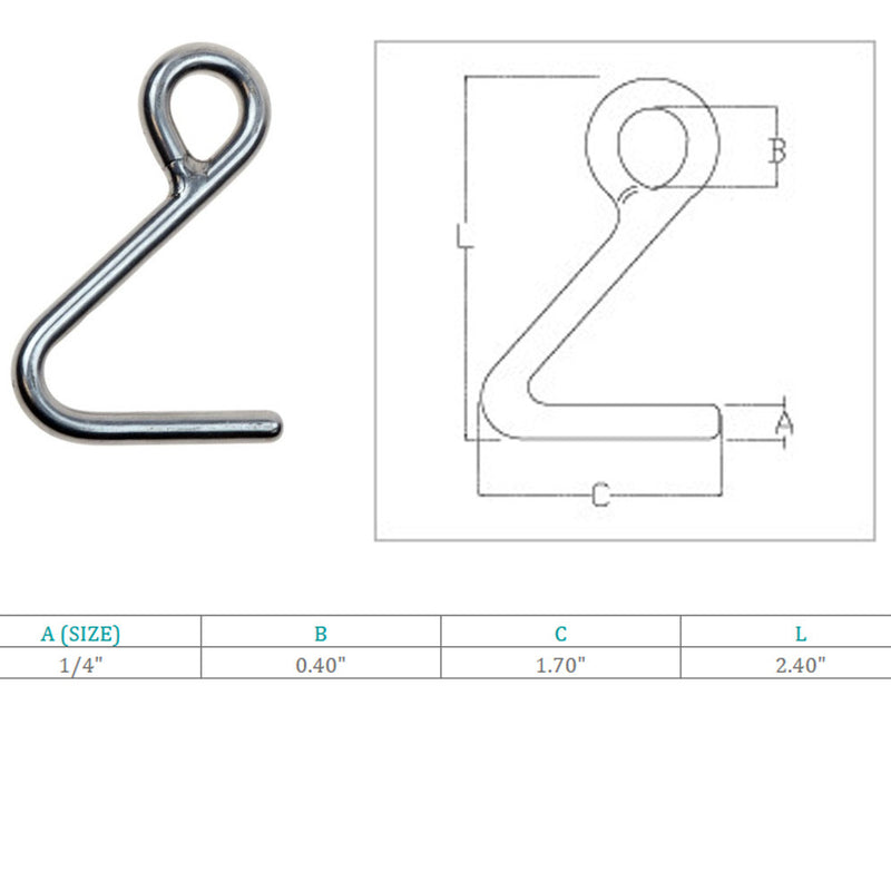 Marine Boat Stainless Steel T316 1/4" Cunningham Hook Top Dock Deck Rope Yacht