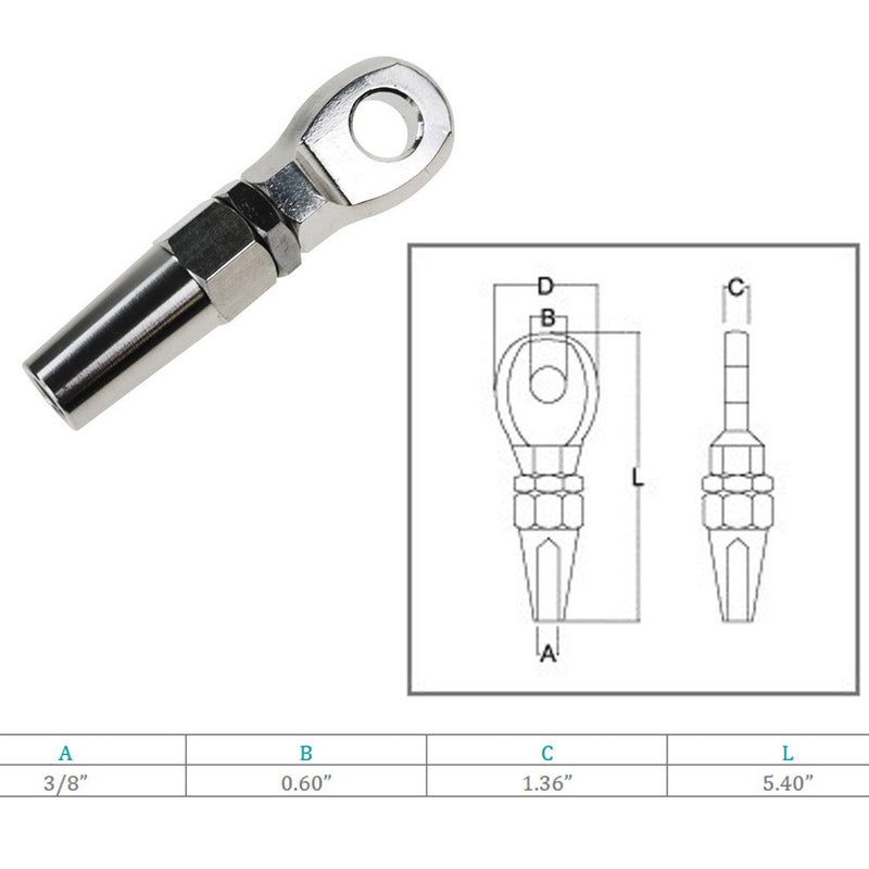 Marine Boat Stainless Steel T316 3/8" Swageless Eye Cable Rail Railing Wire Rope
