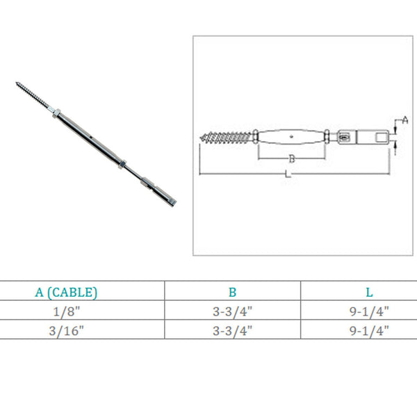 Marine Stainless Steel Swageless & Lag Turnbuckle For 3/16",1/8" Cable Wire Rope