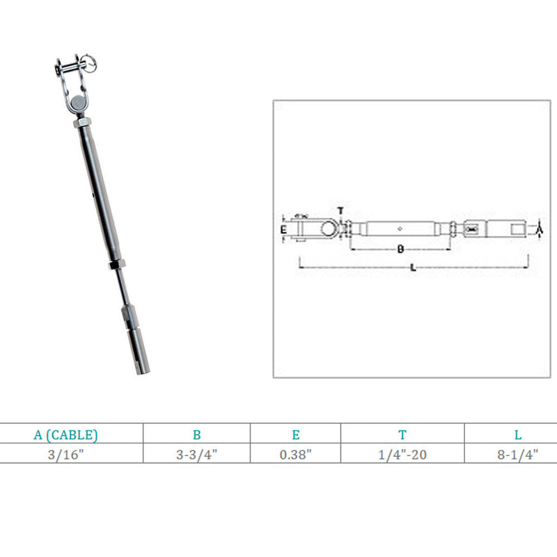 Marine Boat SS T316 Swageless & Toggle Turnbuckle For 3/16" Cable Rail Wire Rope