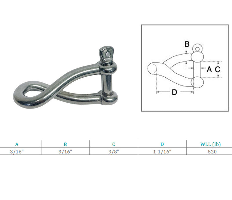 4Pc Marine Boat Stainless Steel T316 3/16" Twisted Shackle Screw Pin 520 Lbs WLL