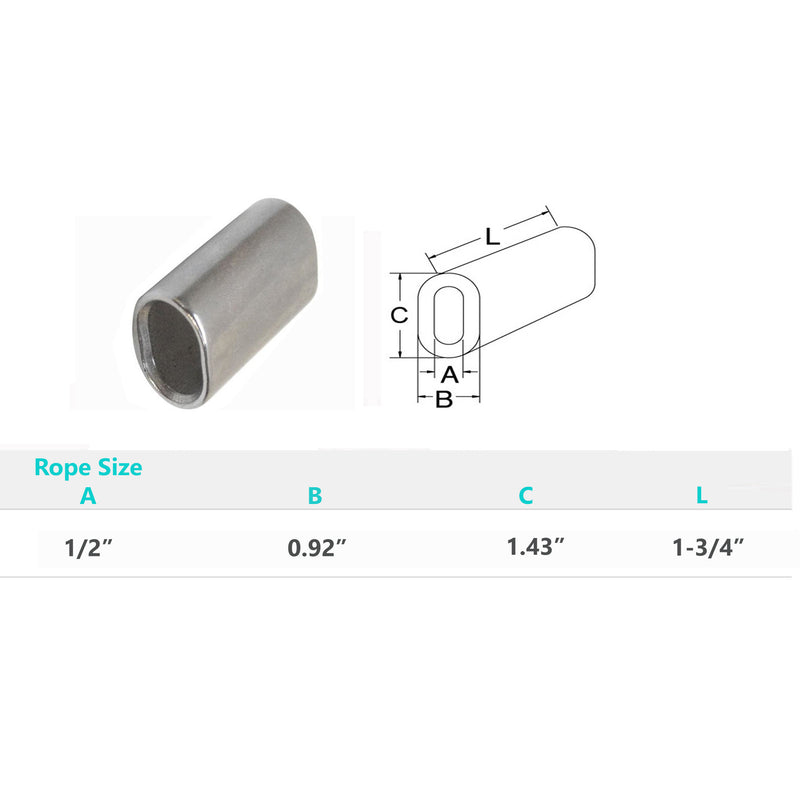 Stainless Steel Wire Rope Oval Sleeves With Chamfer 1/16", 1/8", 3/32", 5/32", 3/16", 1/4", 3/8", 1/2"