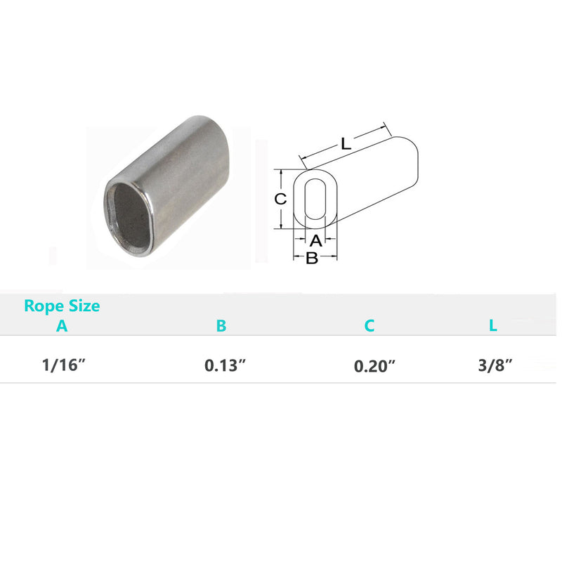 Stainless Steel Wire Rope Oval Sleeves With Chamfer 1/16", 1/8", 3/32", 5/32", 3/16", 1/4", 3/8", 1/2"