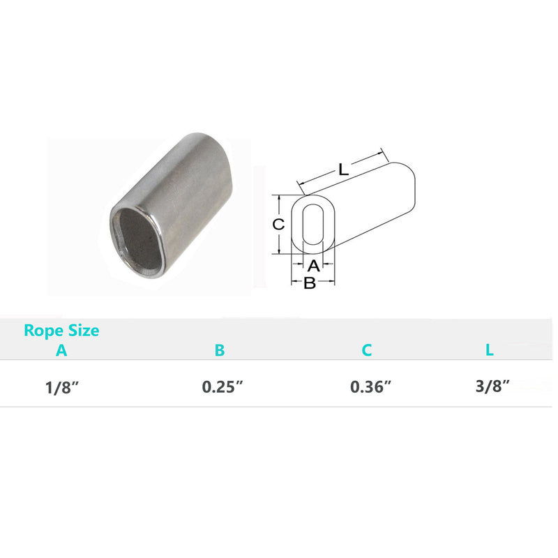 Stainless Steel Wire Rope Oval Sleeves With Chamfer 1/16", 1/8", 3/32", 5/32", 3/16", 1/4", 3/8", 1/2"