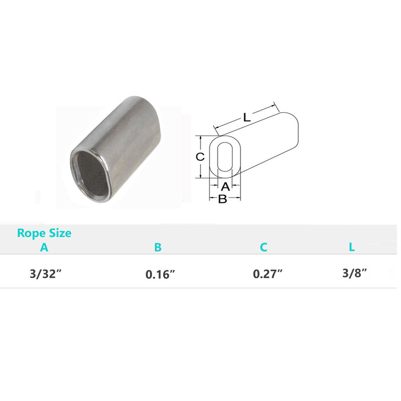 Stainless Steel Wire Rope Oval Sleeves With Chamfer 1/16", 1/8", 3/32", 5/32", 3/16", 1/4", 3/8", 1/2"