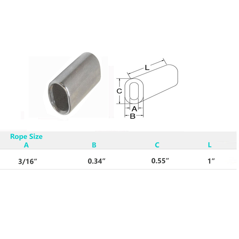 Stainless Steel Wire Rope Oval Sleeves With Chamfer 1/16", 1/8", 3/32", 5/32", 3/16", 1/4", 3/8", 1/2"