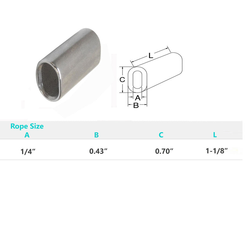 Stainless Steel Wire Rope Oval Sleeves With Chamfer 1/16", 1/8", 3/32", 5/32", 3/16", 1/4", 3/8", 1/2"