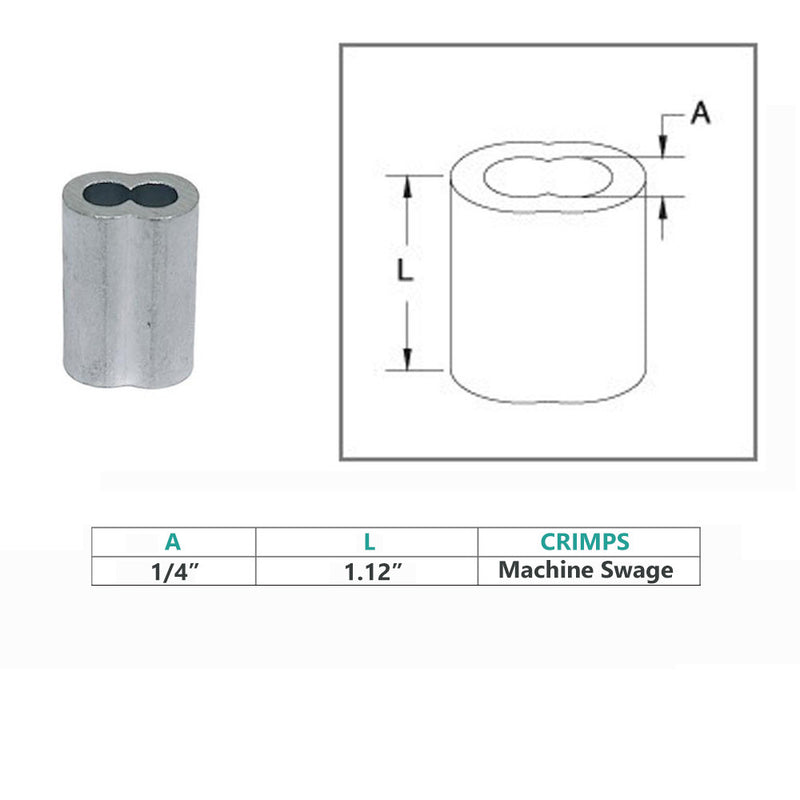 10 Pc 1/4" Aluminum Sleeve Wire Rope Swage Crimp Clip Duplex Oval Sleeves