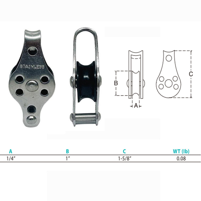 Marine Stainless Steel 1/4" Pulley Block Nylon Sheave Wire Rope Pulley Becket