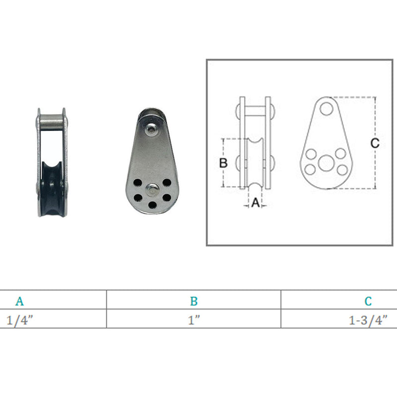 Marine Stainless Steel 1/4" fix Pin Pulley Block Nylon Sheave Wire Rope Pulley