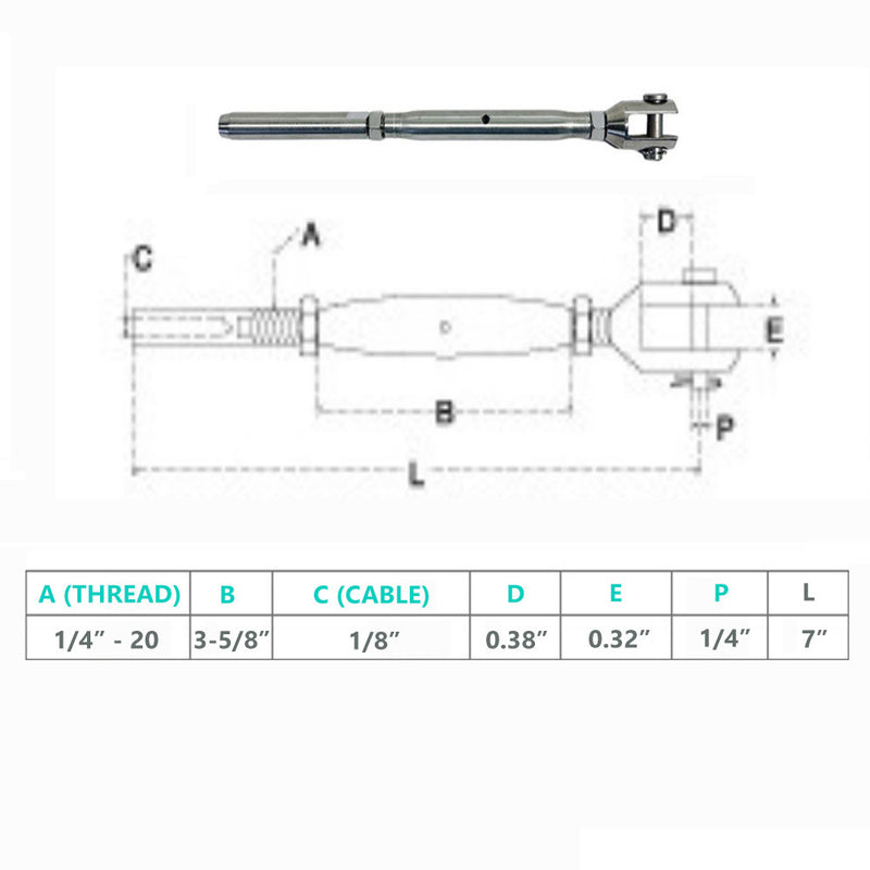 Marine Stainless Steel 1/4" Thread Fork & Swage Stud Turnbuckle 1/8" Cable Wire