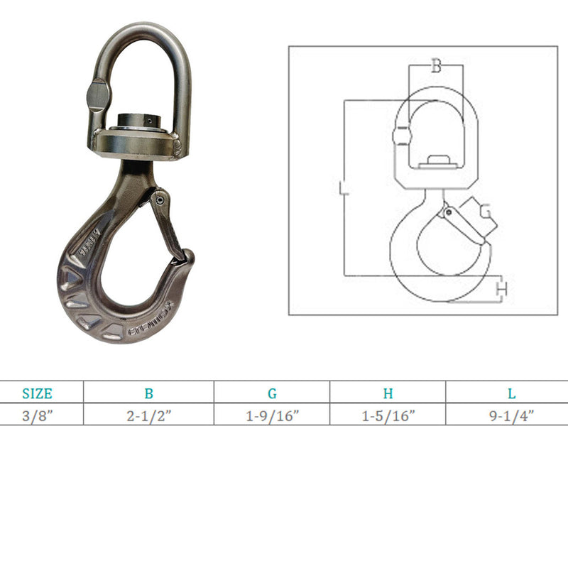 Stainless Steel T316 3/8" Overhead Eye Swivel Hook WLL 5,000 Lbs Load Hook