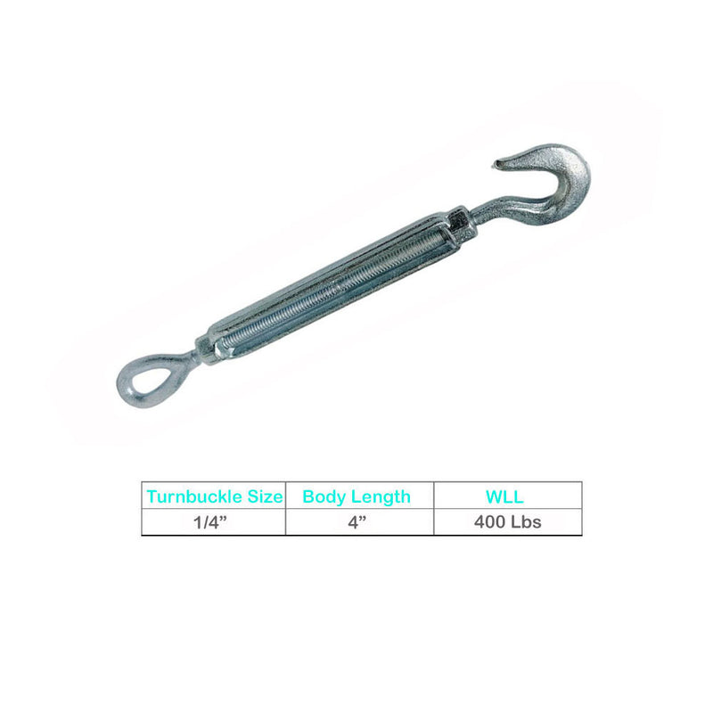 10 Pc 1/4" x 4" Hook Eye Galvanized Turnbuckle Drop Forged 400 Lb WLL Hook Eye
