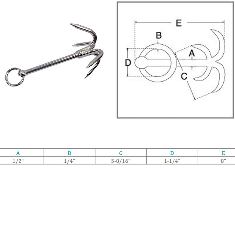 Marine Boat Stainless Steel T304 8" Hook Anchor Grappling Hook Grapple Anchor