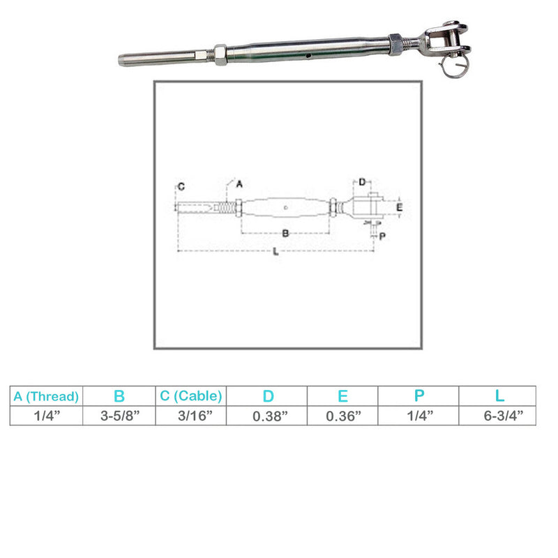 4 Pc Stainless Steel T316 3/16" Cable Jaw And Swage Stud Turnbuckle 1/4" Thread